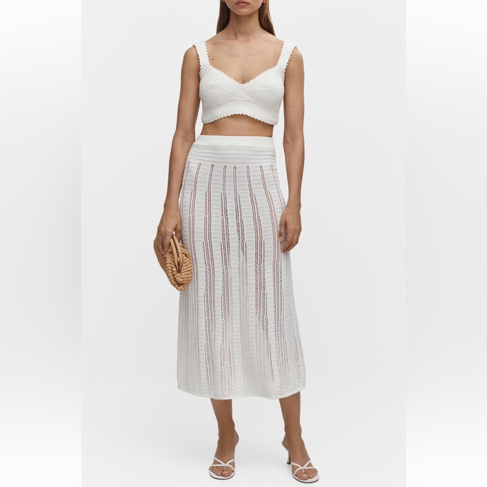 Mango White Crochet Midi Skirt and Top